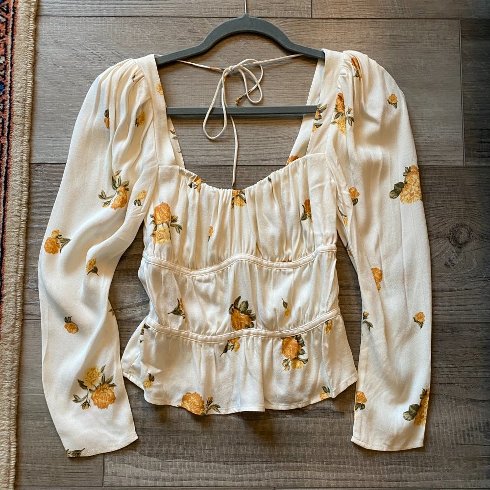 NWOT Reformation Plath Floral Top Blouse Puff Sleeve White Ivory size XS